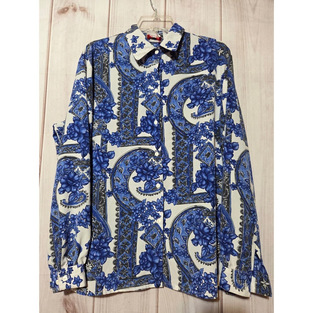 Alia Womens Blue White Floral Paisley Scarf Print Button Down Blouse Size 14